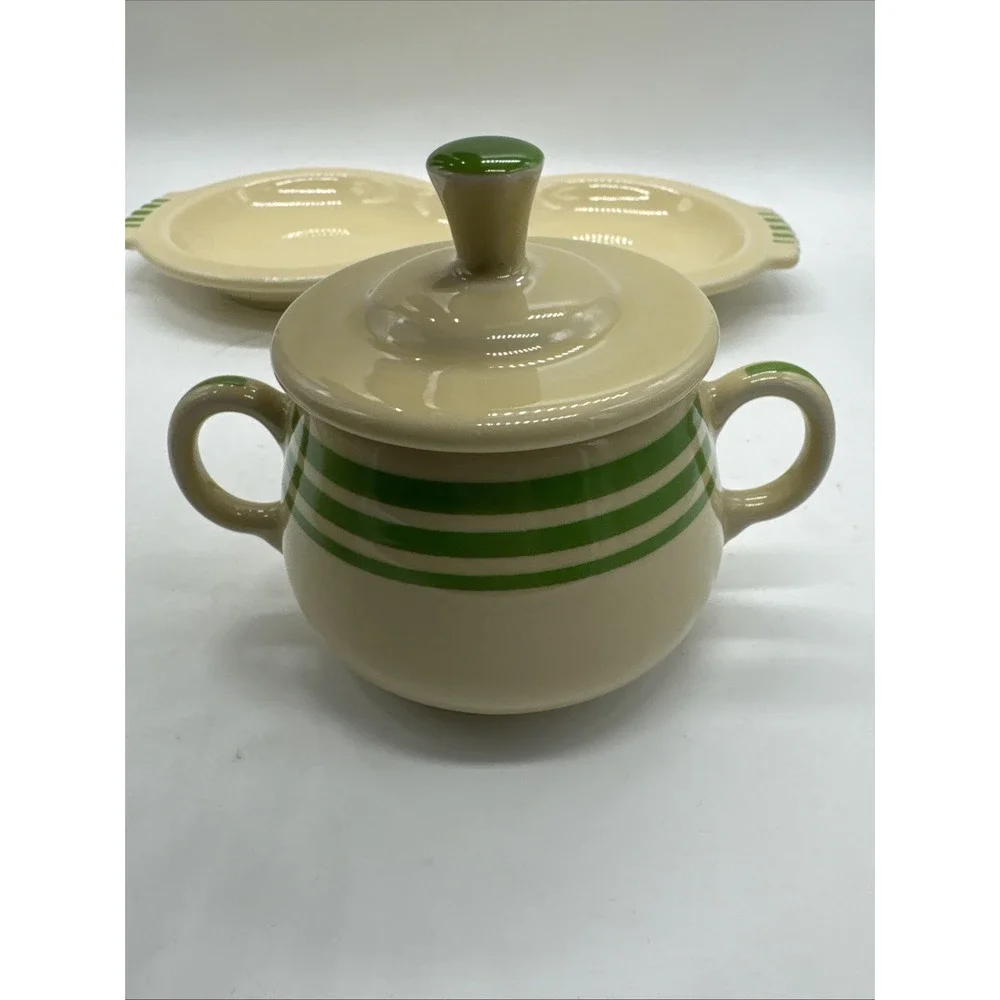 Fiesta Ware HLCCA  Covered Sugar Bowl & Creamer Figure 8 Tray Green Stripe